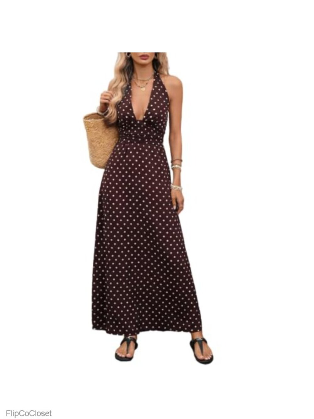 Boho Polka Dot Maxi Halter Dress Sleeveless Backless Smocked Waist Summer